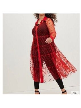 Torrid Red Sheer Heart Design Mesh Button Kimono Romantic Feminine Modern NWT